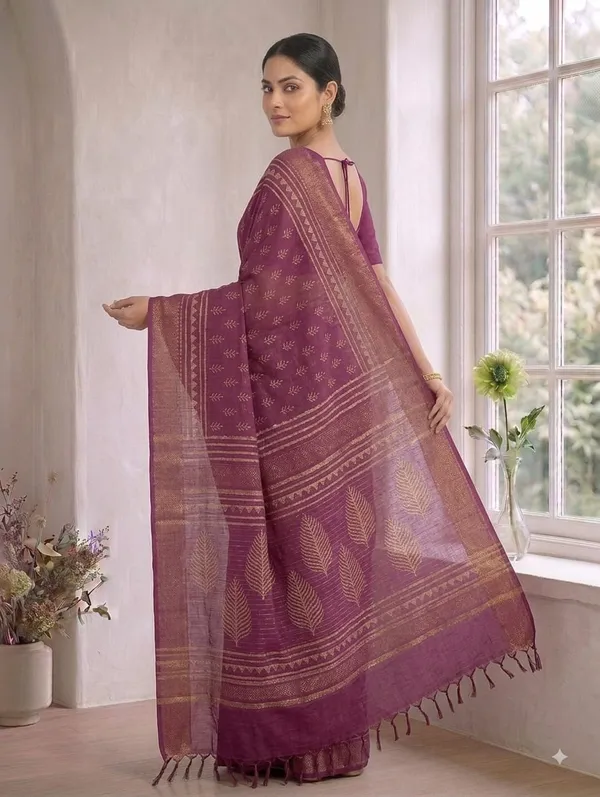 Plum_Chanderi_Hand_Block_Printed_Saree_with_Blouse_Fabric