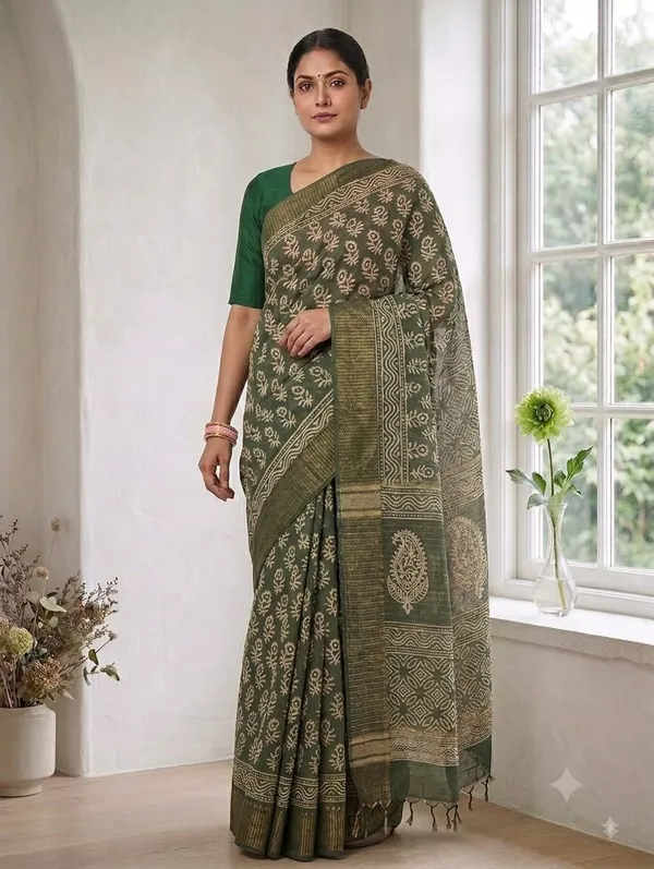 Olive_Green_Chanderi_Hand_Block_Printed_Saree_with_Blouse_Fabric