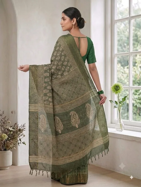 Olive_Green_Chanderi_Hand_Block_Printed_Saree_with_Blouse_Fabric