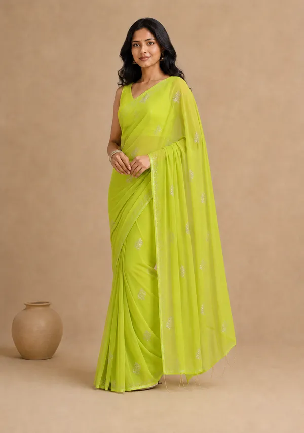 Lime_Green_Chiffon_Saree_with_Silver_Rogan_Print_&_Beaded_Pallu_Tassels_�_Party,_Festive_and_Casual_Wear