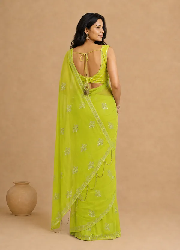 Lime_Green_Chiffon_Saree_with_Silver_Rogan_Print_&_Beaded_Pallu_Tassels_�_Party,_Festive_and_Casual_Wear