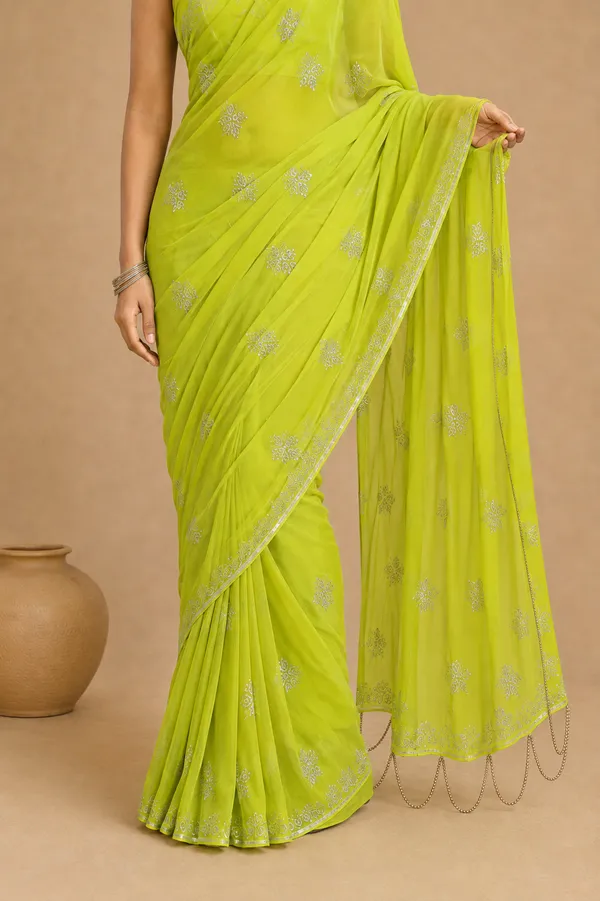 Lime_Green_Chiffon_Saree_with_Silver_Rogan_Print_&_Beaded_Pallu_Tassels_�_Party,_Festive_and_Casual_Wear