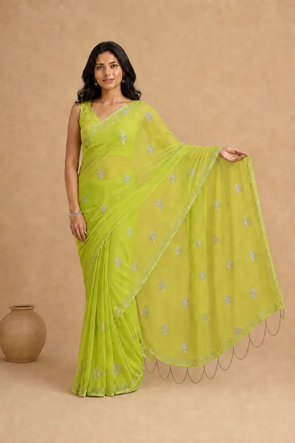 Lime_Green_Chiffon_Saree_with_Silver_Rogan_Print_&_Beaded_Pallu_Tassels_�_Party,_Festive_and_Casual_Wear