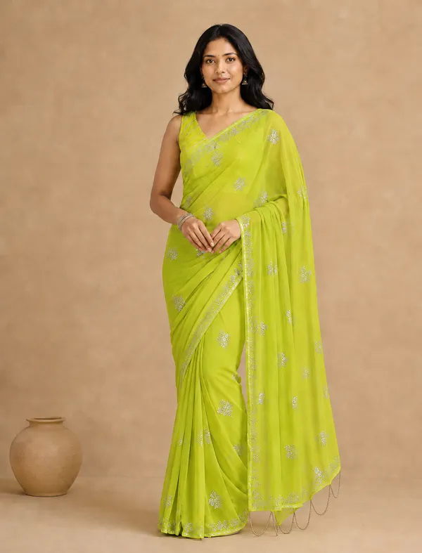 Lime_Green_Chiffon_Saree_with_Silver_Rogan_Print_&_Beaded_Pallu_Tassels_�_Party,_Festive_and_Casual_Wear