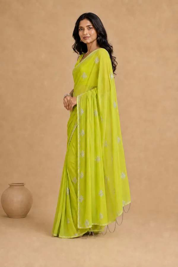 Lime_Green_Chiffon_Saree_with_Silver_Rogan_Print_&_Beaded_Pallu_Tassels_�_Party,_Festive_and_Casual_Wear