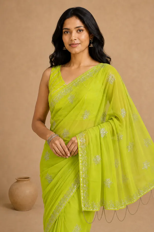 Lime_Green_Chiffon_Saree_with_Silver_Rogan_Print_&_Beaded_Pallu_Tassels_�_Party,_Festive_and_Casual_Wear