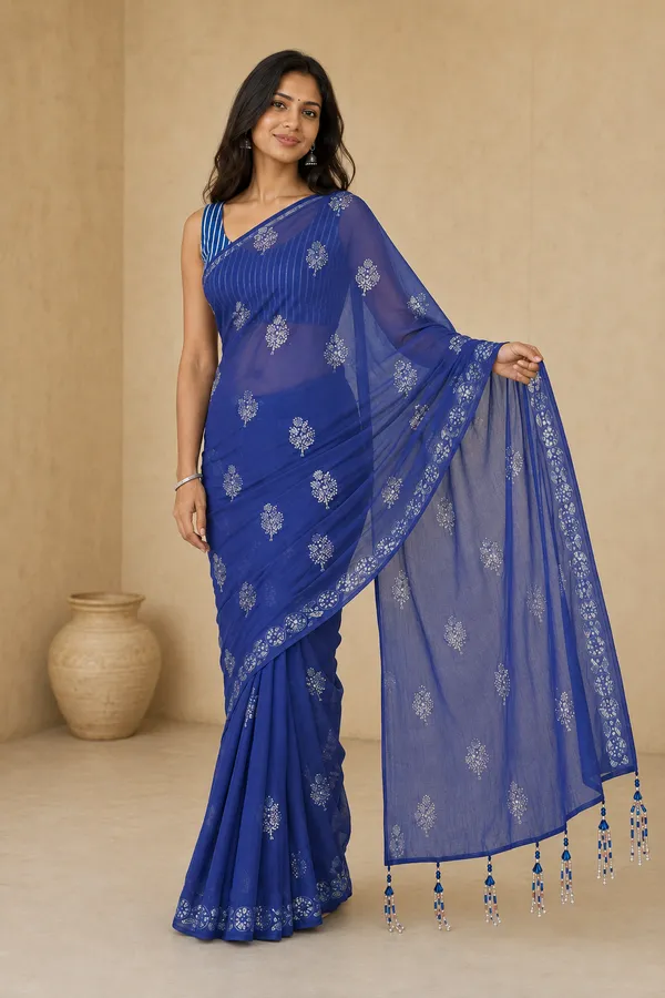 Royal_Blue_Chiffon_Saree_with_Silver_Rogan_Print_&_Beaded_Pallu_Tassels_�_Party,_Festive_and_Casual_Wear