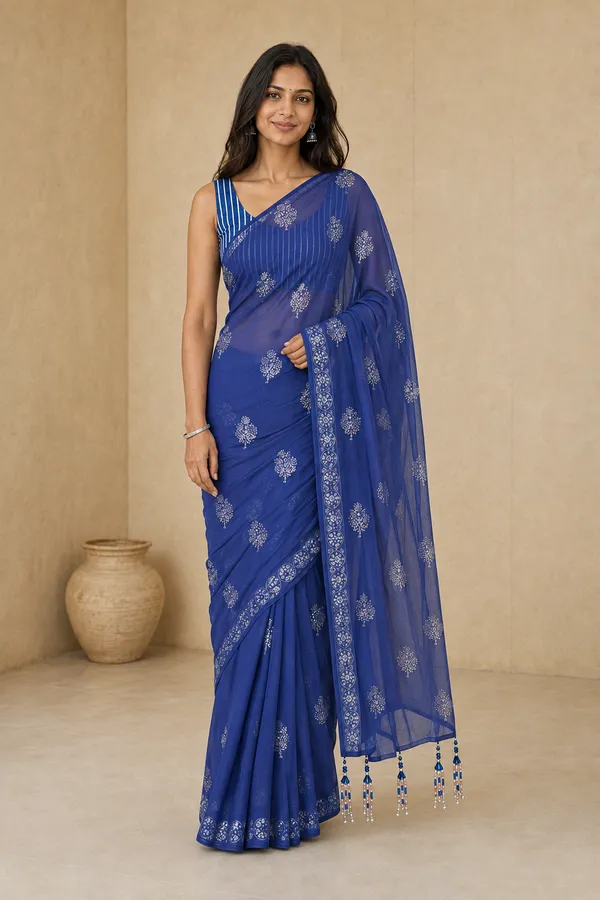 Royal_Blue_Chiffon_Saree_with_Silver_Rogan_Print_&_Beaded_Pallu_Tassels_�_Party,_Festive_and_Casual_Wear