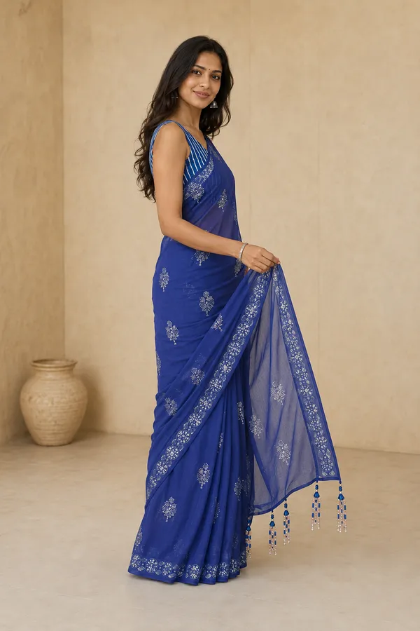 Royal_Blue_Chiffon_Saree_with_Silver_Rogan_Print_&_Beaded_Pallu_Tassels_�_Party,_Festive_and_Casual_Wear