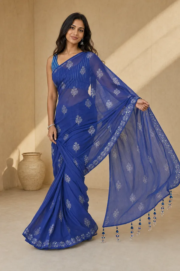 Royal_Blue_Chiffon_Saree_with_Silver_Rogan_Print_&_Beaded_Pallu_Tassels_�_Party,_Festive_and_Casual_Wear