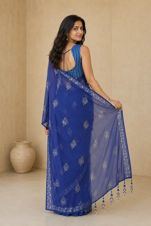 Royal_Blue_Chiffon_Saree_with_Silver_Rogan_Print_&_Beaded_Pallu_Tassels_�_Party,_Festive_and_Casual_Wear