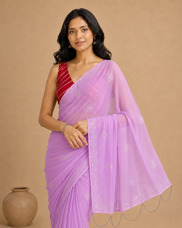 Lavender_Chiffon_Saree_with_Silver_Rogan_Print_&_Beaded_Pallu_Tassels_�_Party,_Festive_and_Casual_Wear