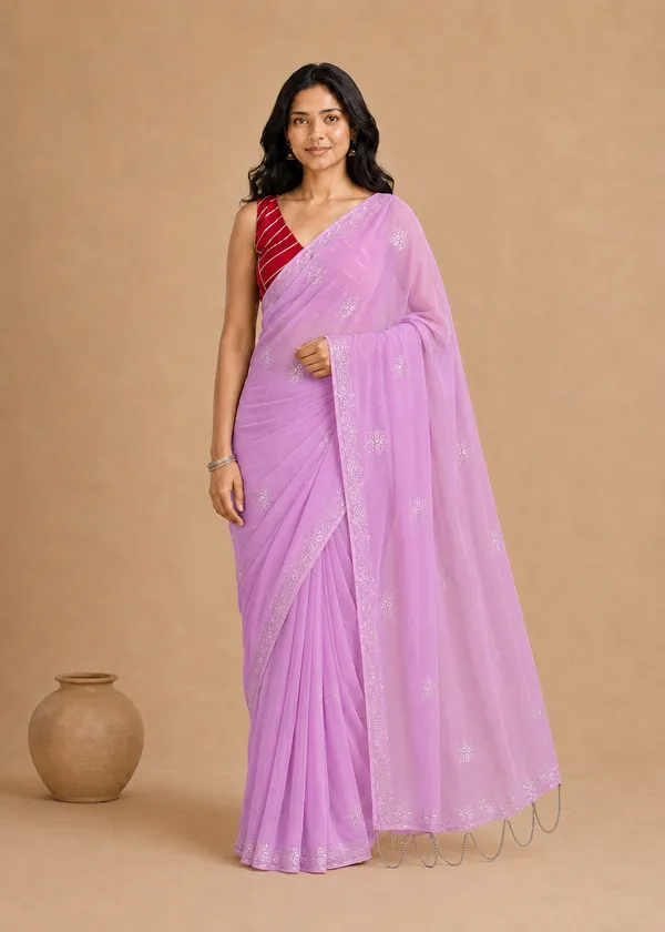 Lavender_Chiffon_Saree_with_Silver_Rogan_Print_&_Beaded_Pallu_Tassels_�_Party,_Festive_and_Casual_Wear