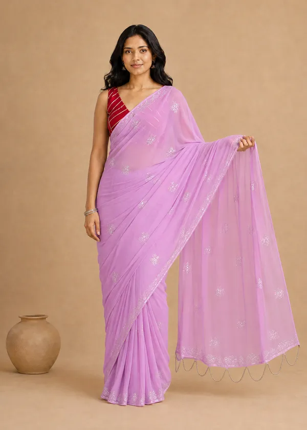 Lavender_Chiffon_Saree_with_Silver_Rogan_Print_&_Beaded_Pallu_Tassels_�_Party,_Festive_and_Casual_Wear