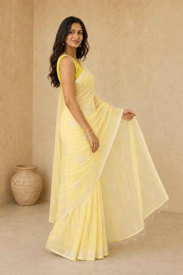 Butter_Yellow_Chiffon_Saree_with_Silver_Rogan_Print_&_Beaded_Pallu_Tassels_�_Party,_Festive_and_Casual_Wear
