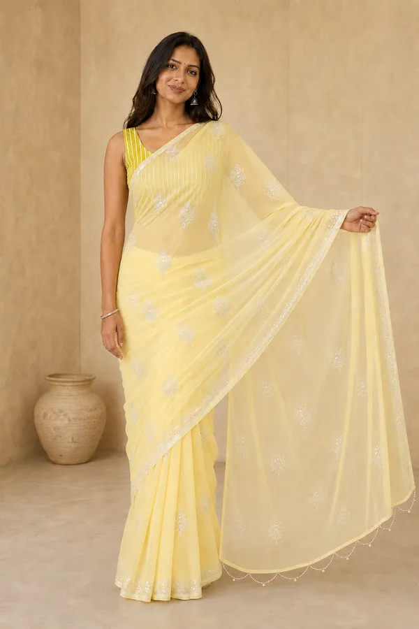Butter_Yellow_Chiffon_Saree_with_Silver_Rogan_Print_&_Beaded_Pallu_Tassels_�_Party,_Festive_and_Casual_Wear