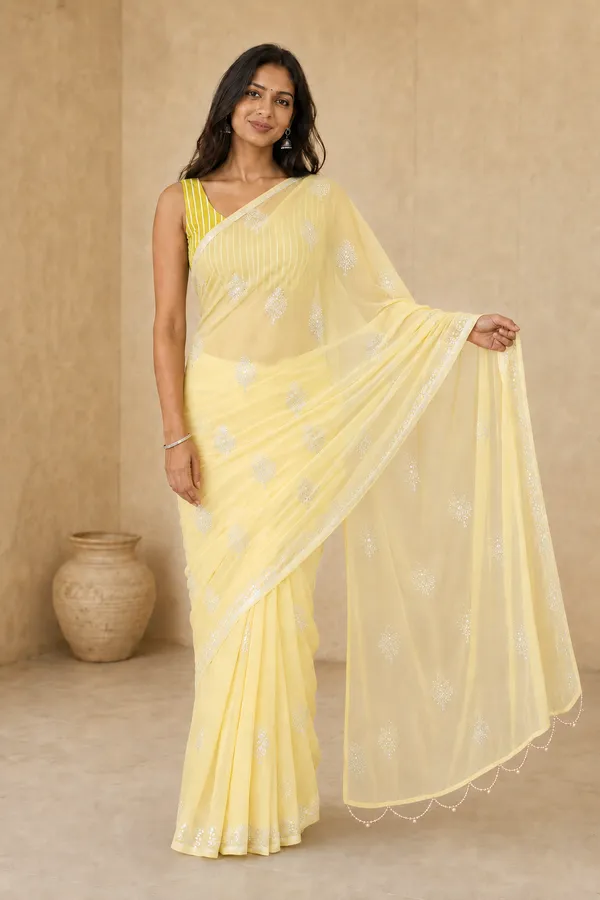 Butter_Yellow_Chiffon_Saree_with_Silver_Rogan_Print_&_Beaded_Pallu_Tassels_�_Party,_Festive_and_Casual_Wear