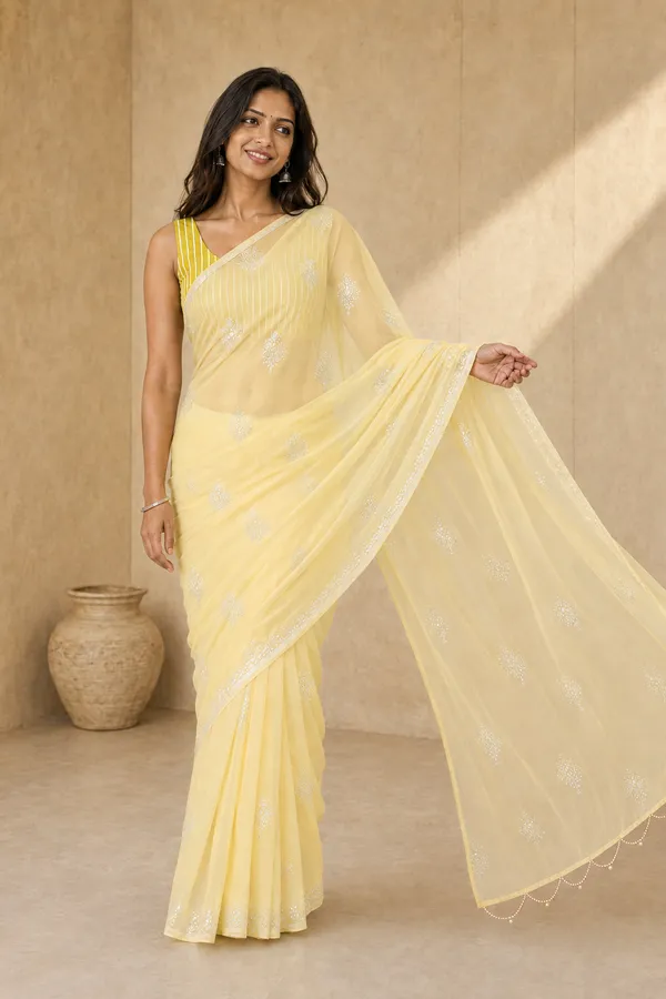 Butter_Yellow_Chiffon_Saree_with_Silver_Rogan_Print_&_Beaded_Pallu_Tassels_�_Party,_Festive_and_Casual_Wear