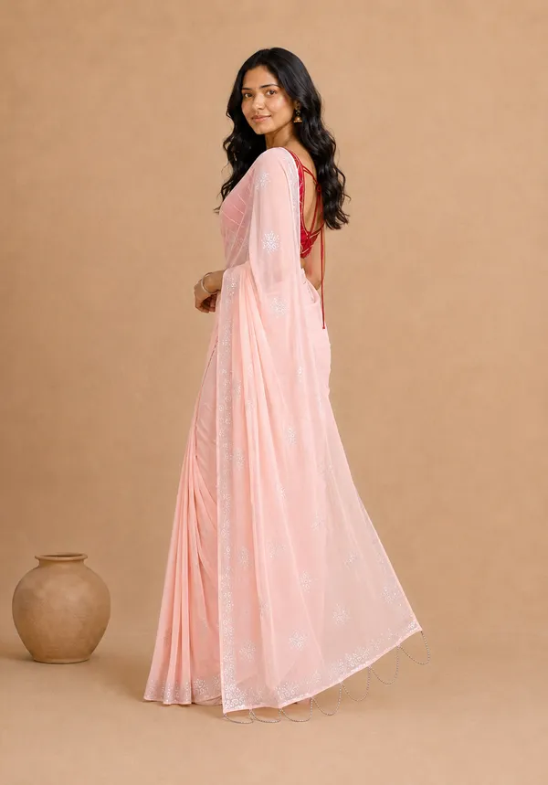 Peach_Chiffon_Saree_with_Silver_Rogan_Print_&_Beaded_Pallu_Tassels_�_Party,_Festive_and_Casual_Wear