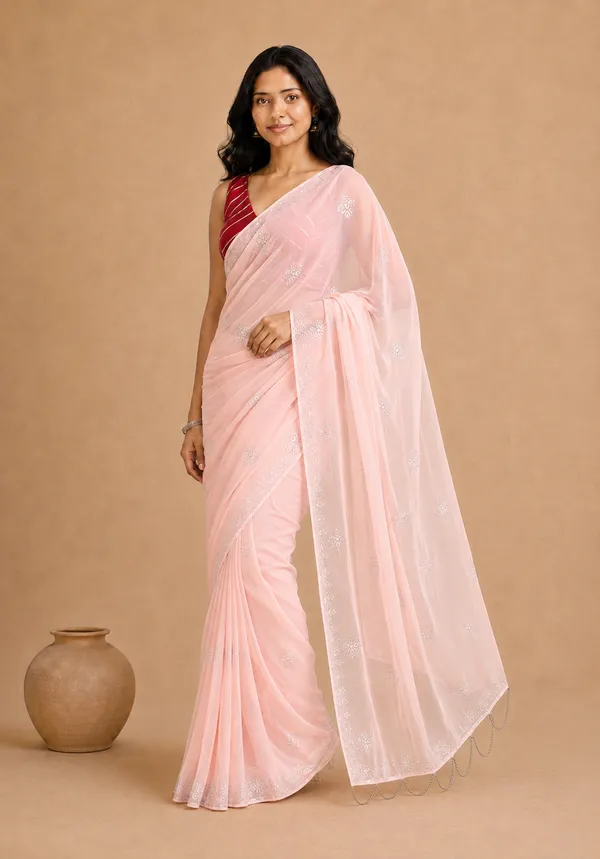 Peach_Chiffon_Saree_with_Silver_Rogan_Print_&_Beaded_Pallu_Tassels_�_Party,_Festive_and_Casual_Wear