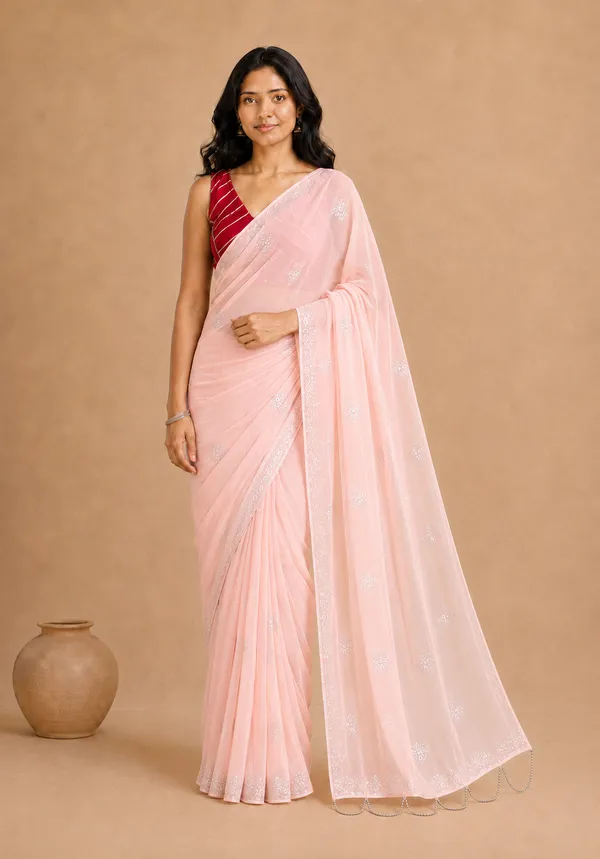 Peach_Chiffon_Saree_with_Silver_Rogan_Print_&_Beaded_Pallu_Tassels_�_Party,_Festive_and_Casual_Wear