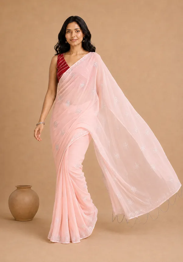 Peach_Chiffon_Saree_with_Silver_Rogan_Print_&_Beaded_Pallu_Tassels_�_Party,_Festive_and_Casual_Wear