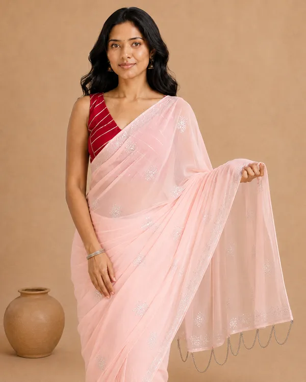 Peach_Chiffon_Saree_with_Silver_Rogan_Print_&_Beaded_Pallu_Tassels_�_Party,_Festive_and_Casual_Wear