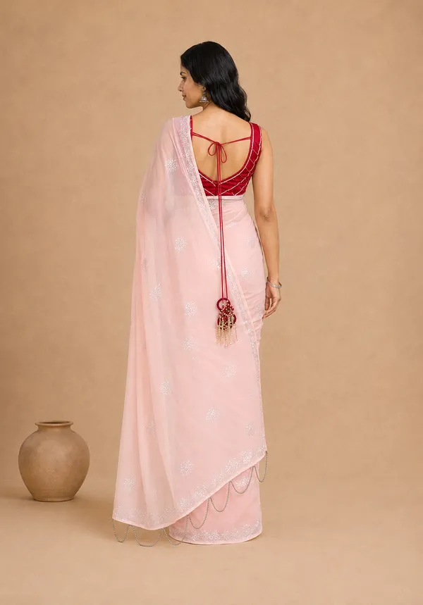 Peach_Chiffon_Saree_with_Silver_Rogan_Print_&_Beaded_Pallu_Tassels_�_Party,_Festive_and_Casual_Wear