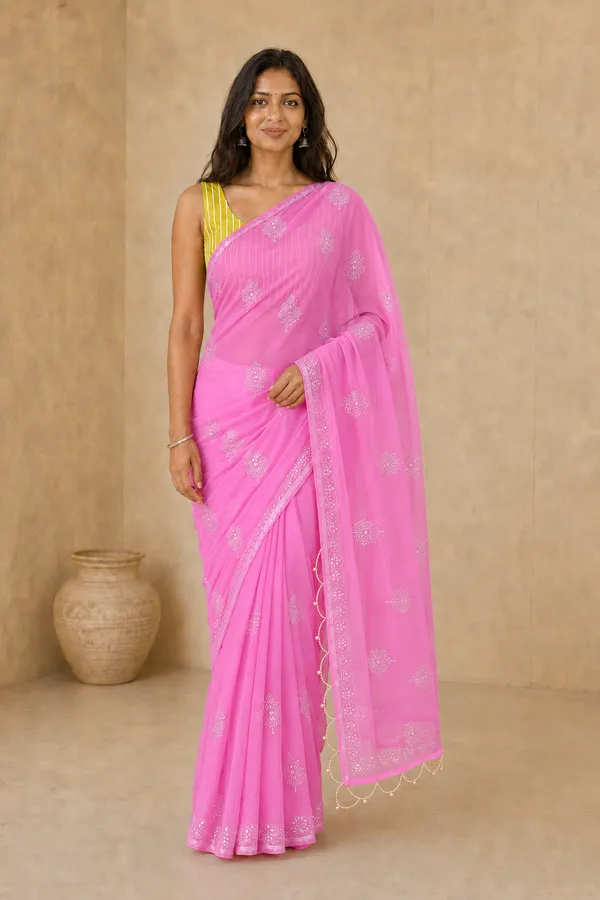Pink_Chiffon_Saree_with_Silver_Rogan_Print_&_Beaded_Pallu_Tassels_�_Party,_Festive_and_Casual_Wear