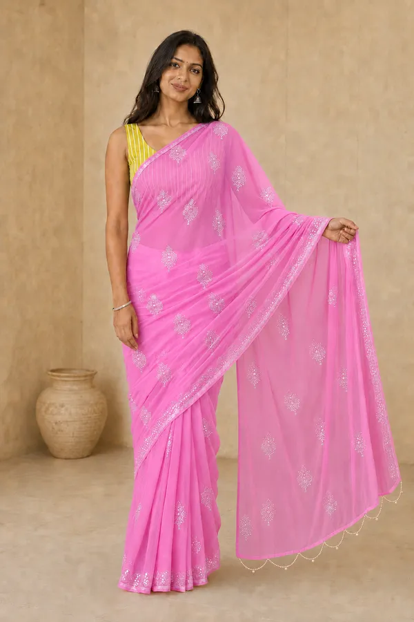 Pink_Chiffon_Saree_with_Silver_Rogan_Print_&_Beaded_Pallu_Tassels_�_Party,_Festive_and_Casual_Wear