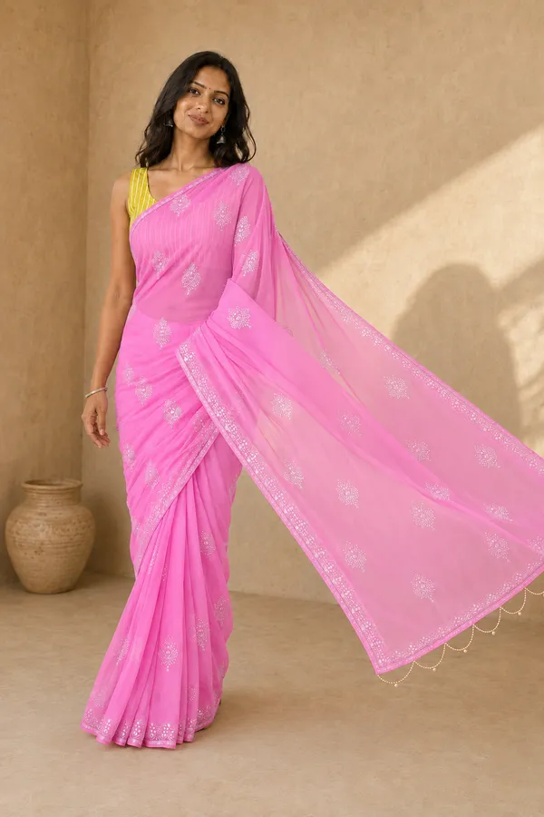 Pink_Chiffon_Saree_with_Silver_Rogan_Print_&_Beaded_Pallu_Tassels_�_Party,_Festive_and_Casual_Wear
