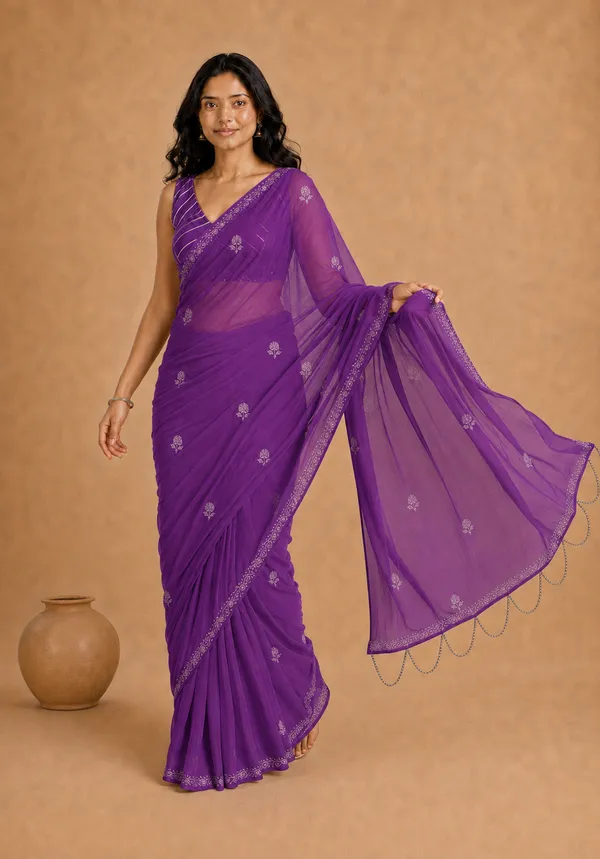 Violet_Chiffon_Saree_with_Silver_Rogan_Print_and_Beaded_Pallu_Tassels_�_Party,_Festive_&_Casual_Wear