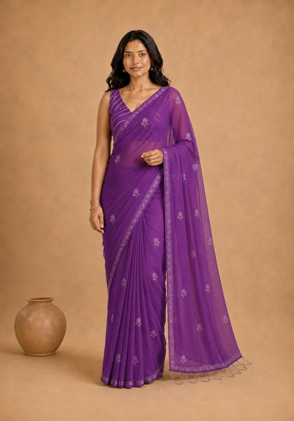 Violet_Chiffon_Saree_with_Silver_Rogan_Print_and_Beaded_Pallu_Tassels_�_Party,_Festive_&_Casual_Wear