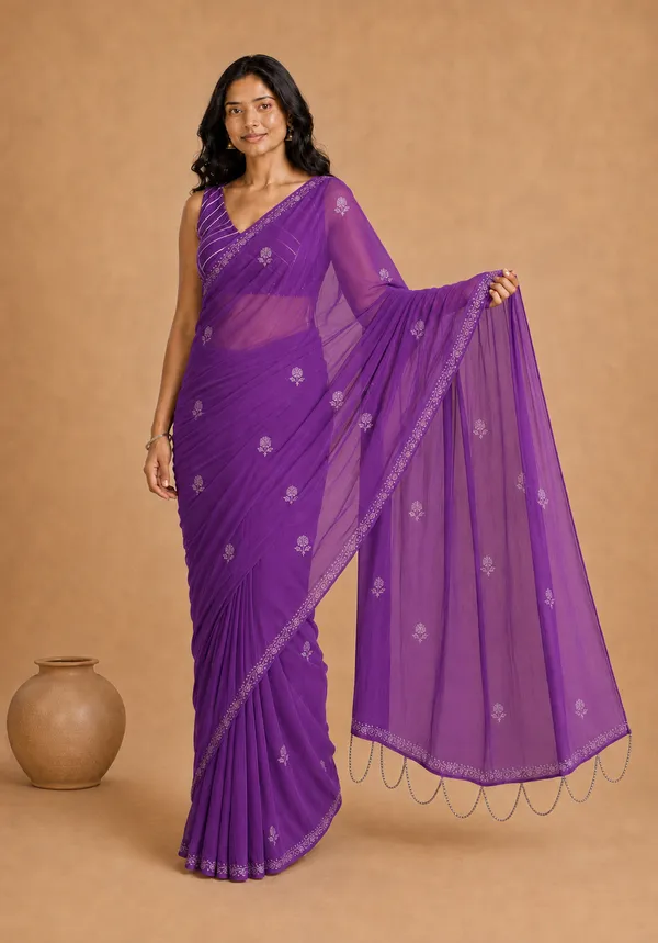 Violet_Chiffon_Saree_with_Silver_Rogan_Print_and_Beaded_Pallu_Tassels_�_Party,_Festive_&_Casual_Wear