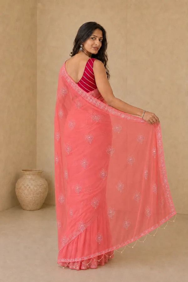 Coral_Silk_Saree_with_Silver_Rogan_Print_&_Beaded_Pallu_Tassels_�_Party,_Festive_&_Casual_Wear