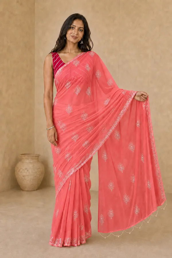 Coral_Silk_Saree_with_Silver_Rogan_Print_&_Beaded_Pallu_Tassels_�_Party,_Festive_&_Casual_Wear