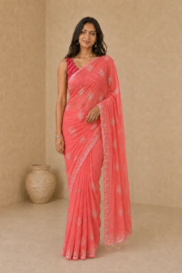 Coral_Silk_Saree_with_Silver_Rogan_Print_&_Beaded_Pallu_Tassels_�_Party,_Festive_&_Casual_Wear