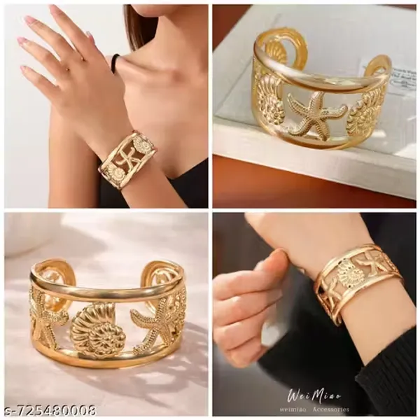 Gold_Seashell_And_Starfish_Gold_Cuff_Bracelet_For_Women