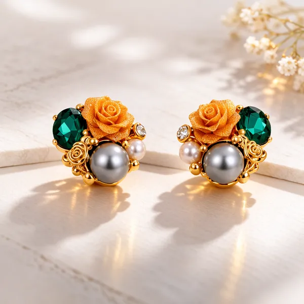 Yellow_And_Silver_Elegant_Golden_Rose_Stud_Earrings_With_Green_Crystal_And_Pearl_Accents_For_Women