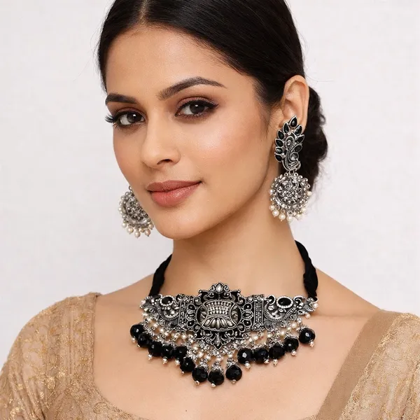 Oxidised_Silver_Choker_Necklace_Set_for_Women_|_Black_Beads_Traditional_Jewelry_with_Earrings_|_Ethnic_Bridal_Party_Wear_Set