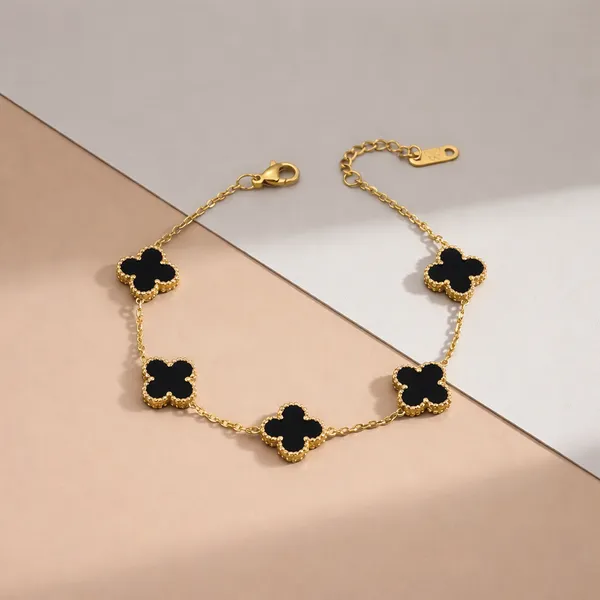 Luxury_Gold_Plated_Black_Clover_Bracelet_for_Women_|_Premium_Korean_Style_Charm_Bracelet_|_Adjustable_Designer_Fashion_Jewelry_|_Party_Wear_Elegant_Hand_Bracelet_Gift_for_Girls