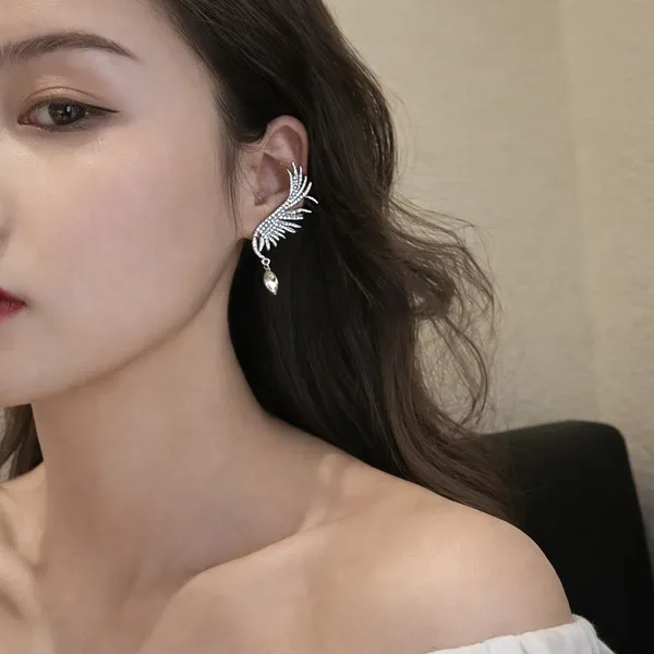 White_Elegant_Silver-Toned_Wing_Ear_Cuff_With_Pearl_Drop_For_Women