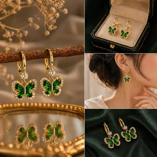 Butterflys_Design_Earrings_Green_Crystals_Stone_Trendy_Korean_Style_Gold_Plated_For_Women_&_Girls_Daily_Wear_Office_Wear_Party_Wear