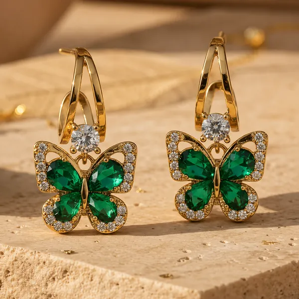 Butterflys_Design_Earrings_Green_Crystals_Stone_Trendy_Korean_Style_Gold_Plated_For_Women_&_Girls_Daily_Wear_Office_Wear_Party_Wear