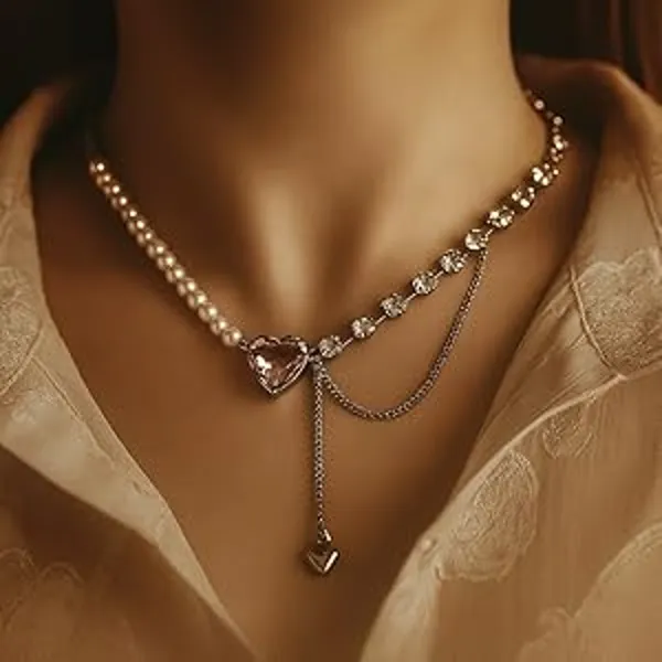 Elegant_Pink_Heart_Crystal_Pearl_Choker_Necklace_for_Women_&_Girls_|_Korean_Style_Silver-Plated_Rhinestone_Charm_Neckpiece_with_Dainty_Chain_Tassel_|_Y2K_Aesthetic_Trendy_Party_Wear_Jewelry