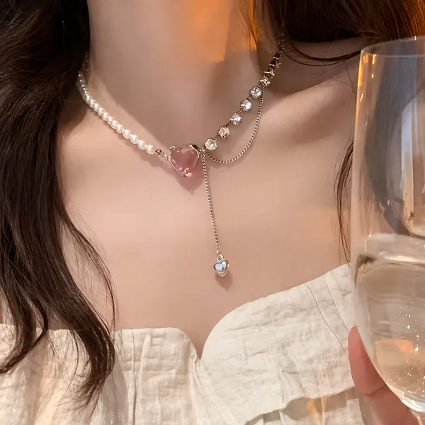 Elegant_Pink_Heart_Crystal_Pearl_Choker_Necklace_for_Women_&_Girls_|_Korean_Style_Silver-Plated_Rhinestone_Charm_Neckpiece_with_Dainty_Chain_Tassel_|_Y2K_Aesthetic_Trendy_Party_Wear_Jewelry