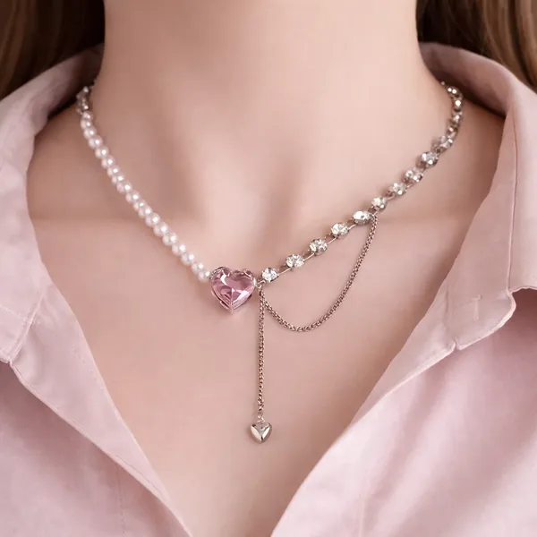 Elegant_Pink_Heart_Crystal_Pearl_Choker_Necklace_for_Women_&_Girls_|_Korean_Style_Silver-Plated_Rhinestone_Charm_Neckpiece_with_Dainty_Chain_Tassel_|_Y2K_Aesthetic_Trendy_Party_Wear_Jewelry