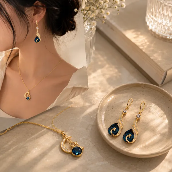 Fancy_Gold_Plated_Crescent_Moon_Cat_Pendant_with_Earrings_Combo_|_Blue_Crystal_Peacock_Jewelry_Set_for_Women_|_Korean_Aesthetic_Neckpiece_Gift_for_Girls