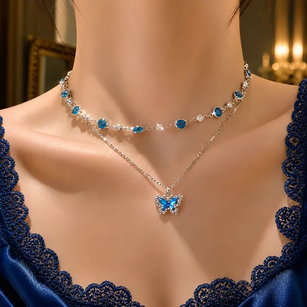 Fancy_Silver_Plated_Double_Layer_Butterfly_Pendant_Chain_|_Korean_Aesthetic_Blue_Stone_Choker_Necklace_|_Two_Layered_Neckpiece_Combo_for_Girls_&_Women