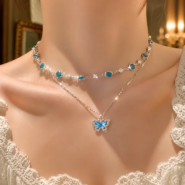 Fancy_Silver_Plated_Double_Layer_Butterfly_Pendant_Chain_|_Korean_Aesthetic_Blue_Stone_Choker_Necklace_|_Two_Layered_Neckpiece_Combo_for_Girls_&_Women